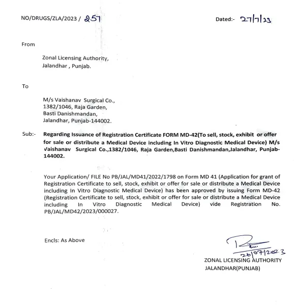 VAISHANAV MD 42  certification document - Vaishanav Surgical Co.